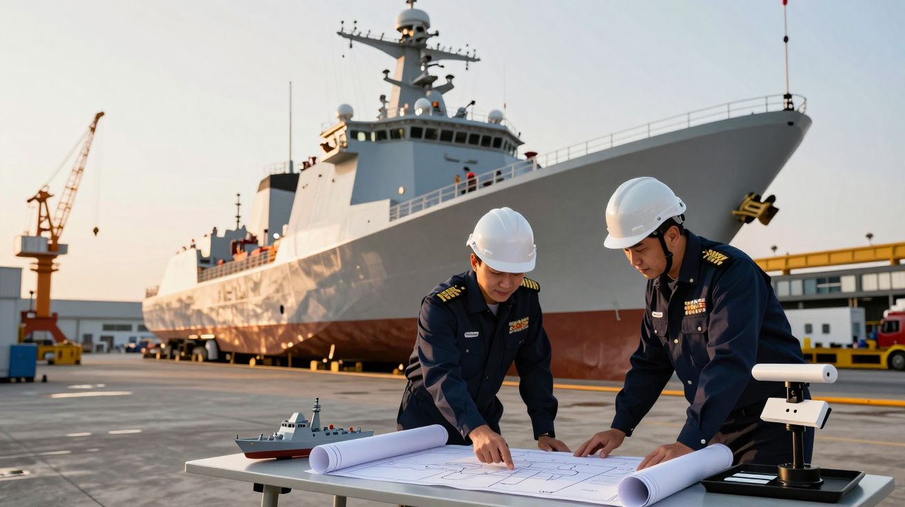 Dois engenheiros navais analisam planos em frente a um grande navio de guerra num estaleiro, com guindaste ao fundo.