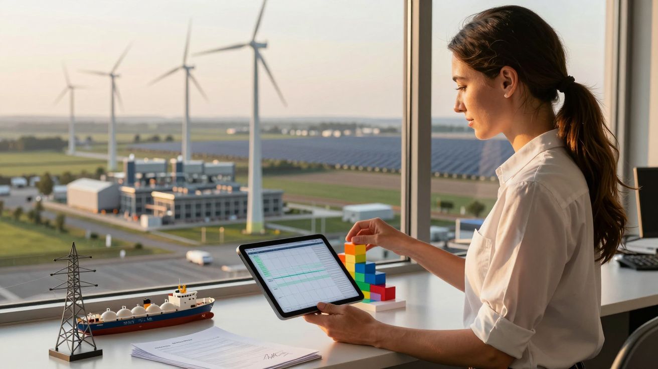 Mulher numa sala observa tablet, com modelos de turbinas eólicas e um navio na mesa, fundo de parque eólico.