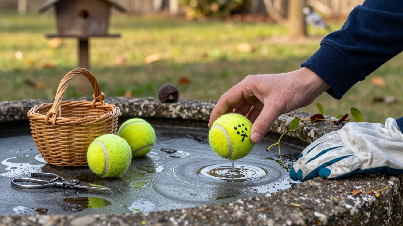 Mão colocando bola de ténis molhada numa fonte de pedra, com cesto, tesoura e luva de jardinagem ao lado.