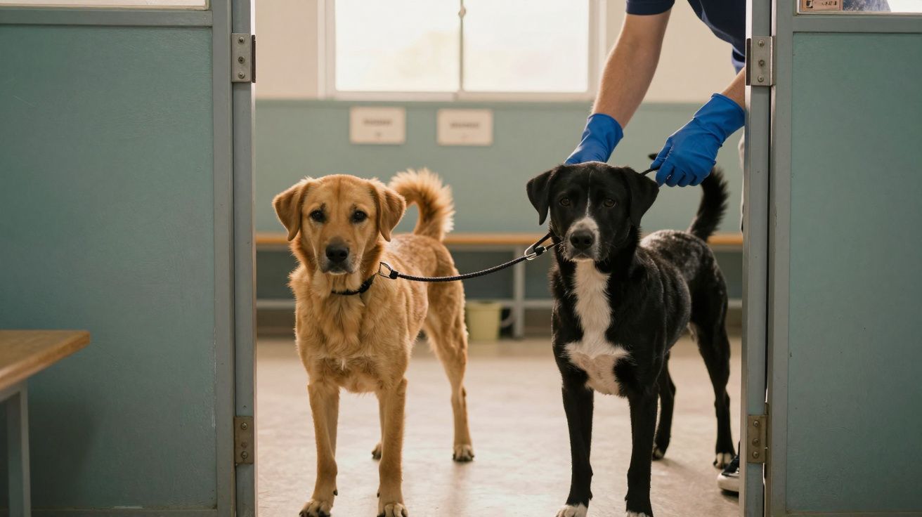 Dois cães de coleira, um castanho e outro preto e branco, numa sala, acompanhados por pessoa com luvas azuis.