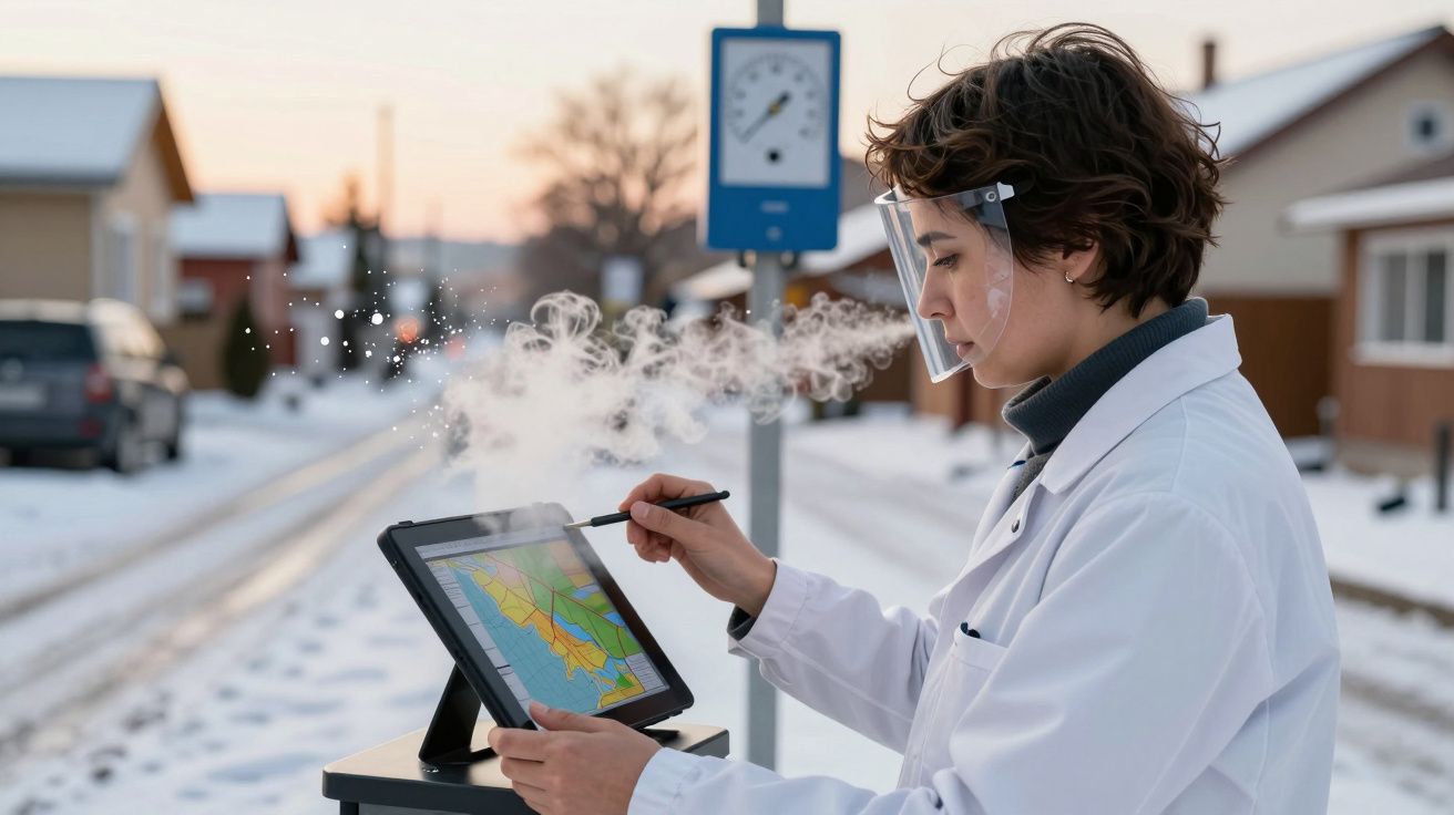 Cientista com casaco branco e viseira usa tablet ao ar livre em cenário de neve, com vapor visível ao seu redor.