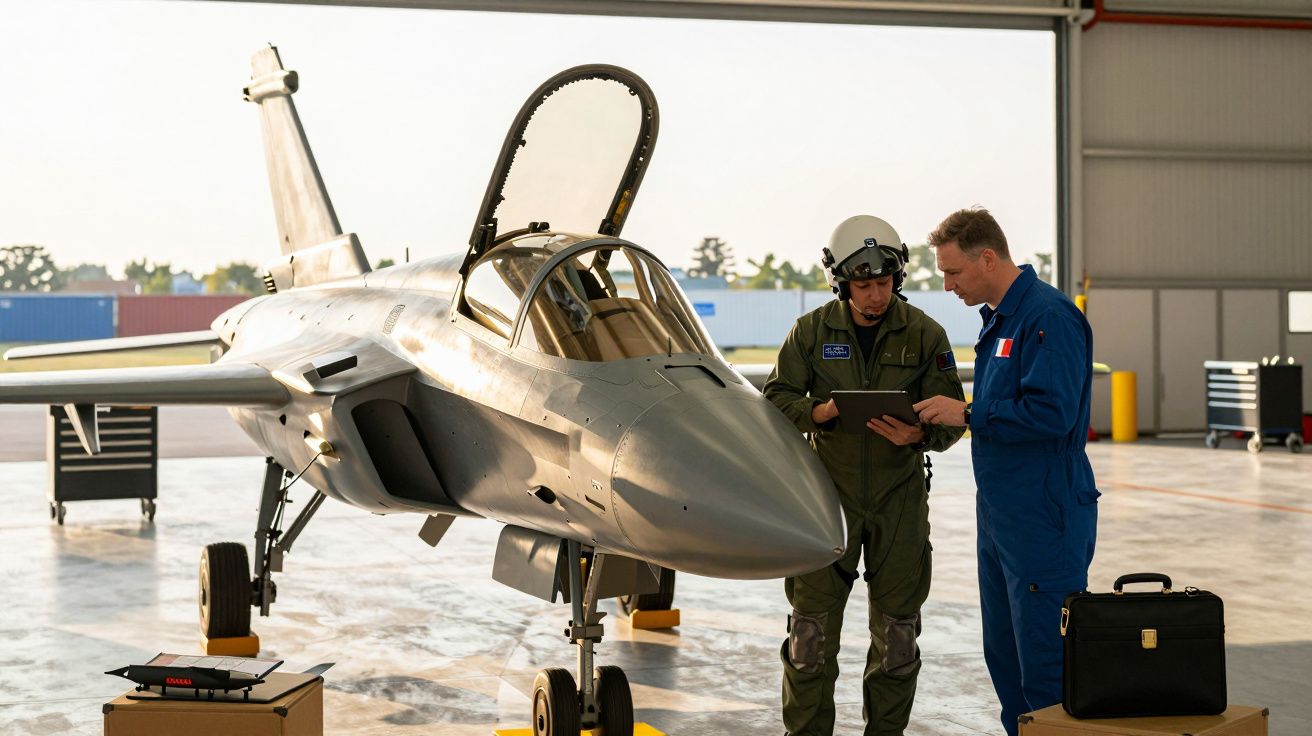 Dois homens em uniforme aeronáutico junto a um caça a jato num hangar, analisando um tablet.
