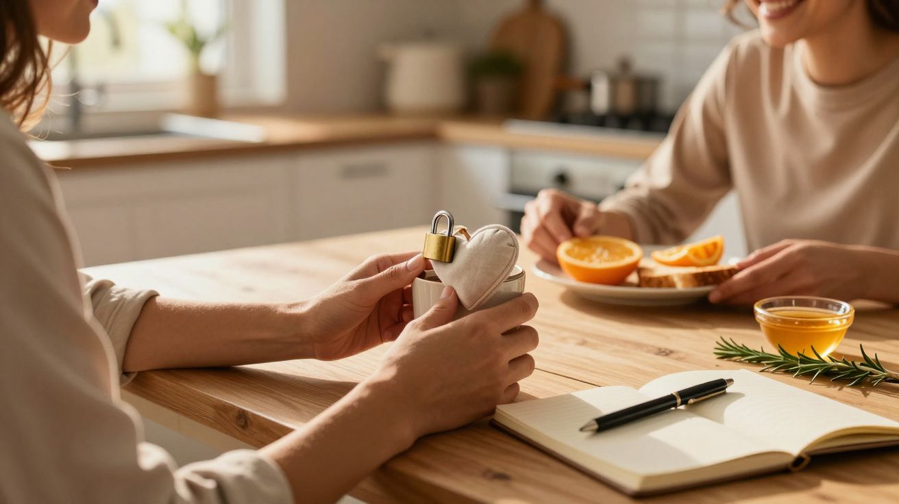 Duas pessoas sentadas à mesa, uma segurando caneca e outra com prato de laranjas. Um caderno aberto e caneta na mesa.