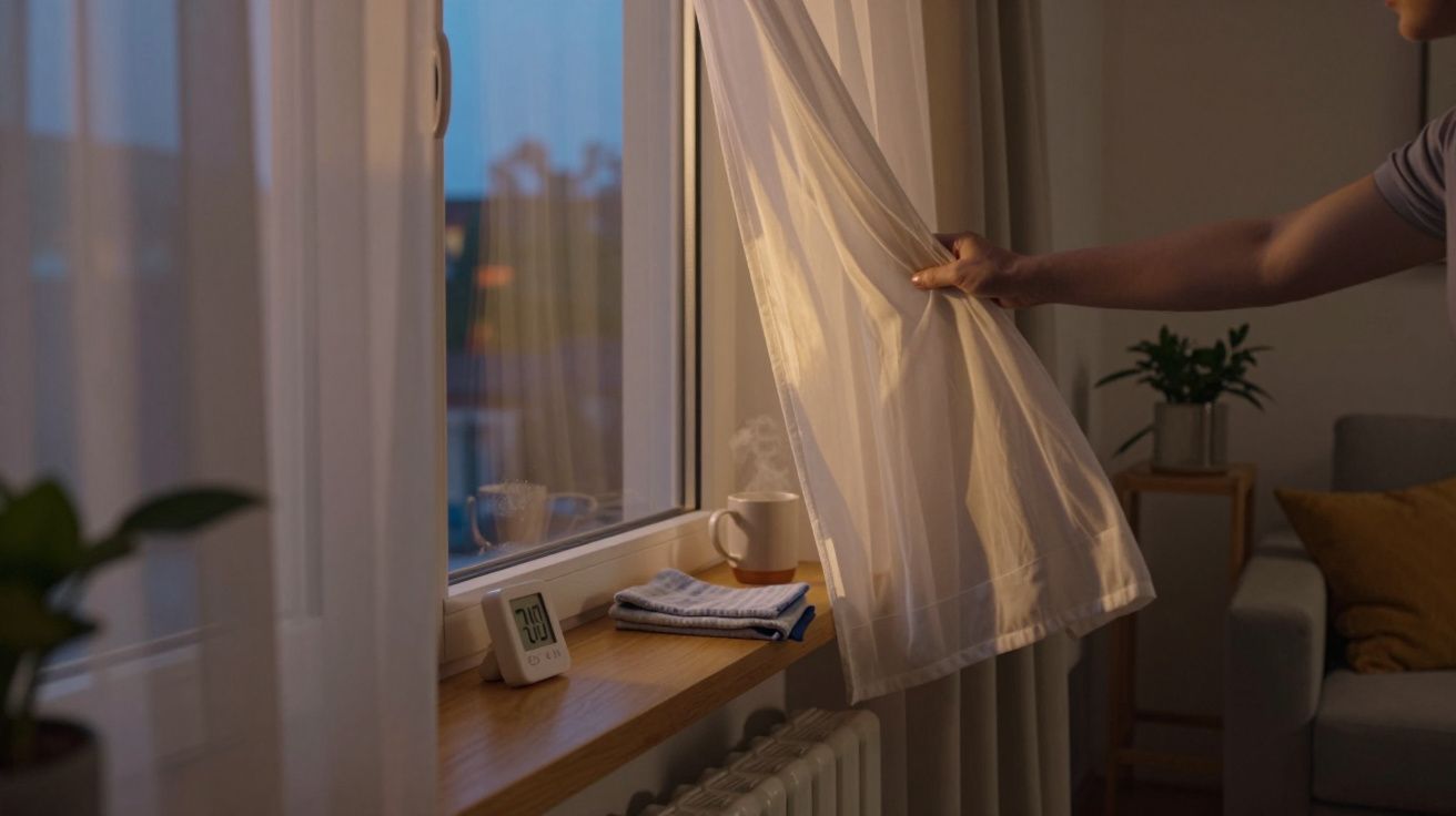 Pessoa abre cortina transparente junto a janela, com chávena e termómetro na prateleira ao anoitecer.
