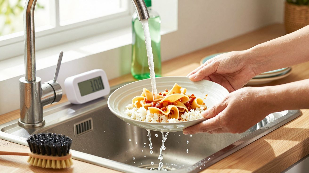 Pessoa lavando prato com arroz e massa debaixo de torneira de cozinha, água escorrendo na pia.