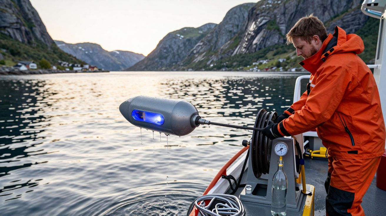 Homem em barco manuseia equipamento com tubo azul em fiorde, rodeado por montanhas, usando fato de proteção laranja.