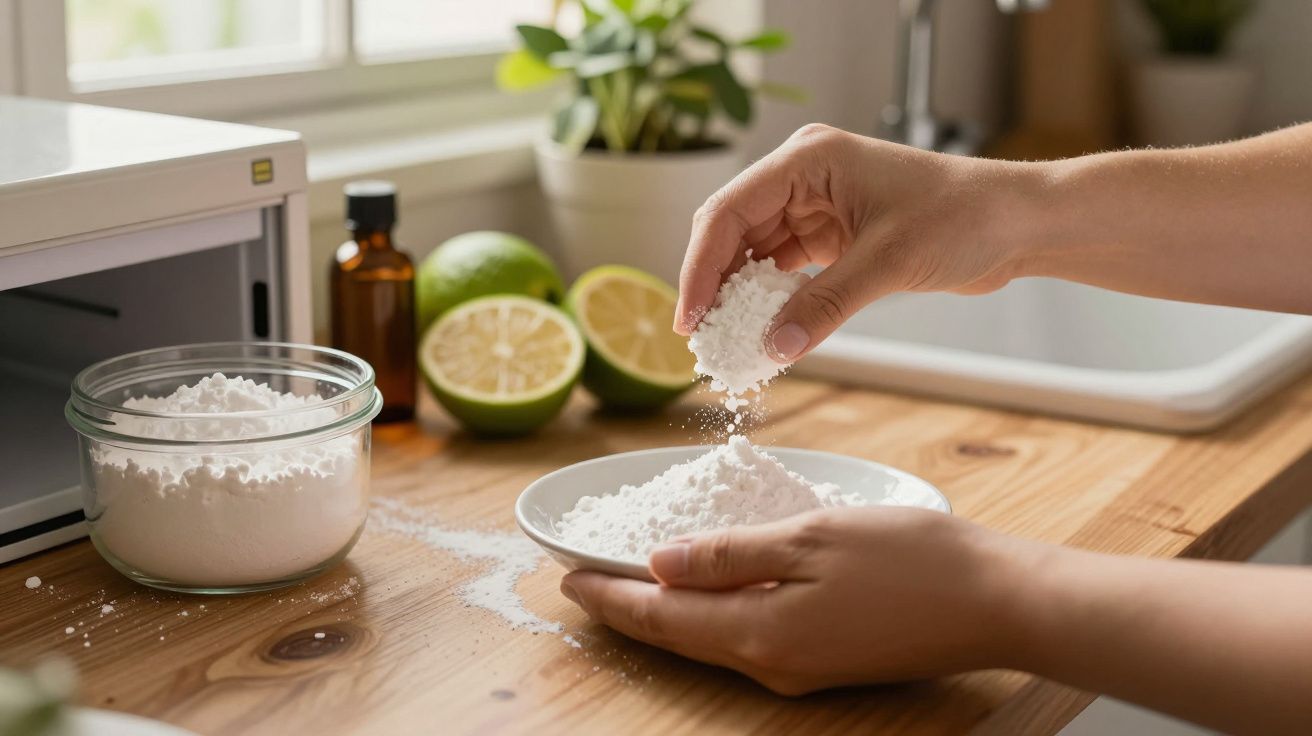 Mãos adicionando pó branco em prato numa cozinha, com limões, pote de vidro e frasco âmbar ao fundo.