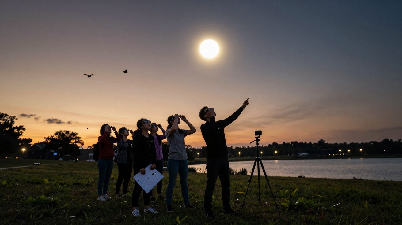 Grupo de pessoas observa o céu noturno com telescópio à beira de um lago, enquanto a lua cheia ilumina a paisagem.