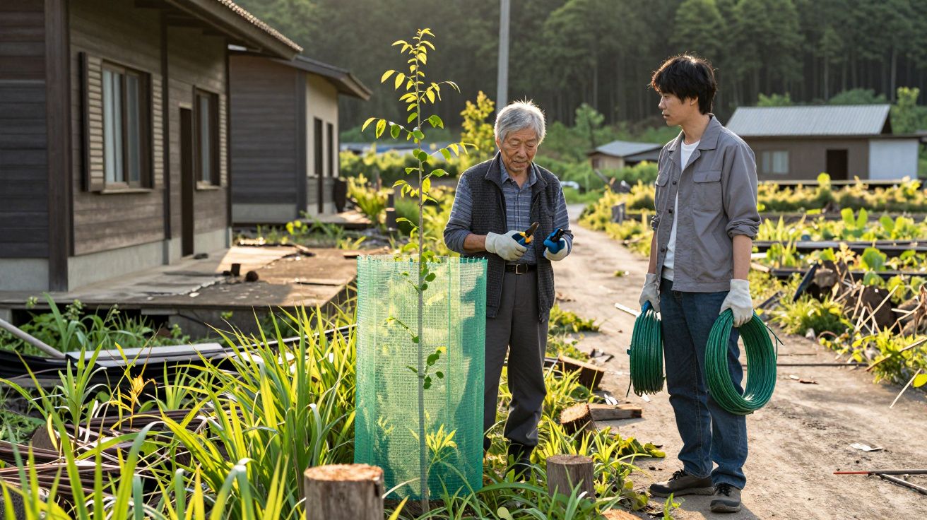 Duas pessoas cuidam de uma planta jovem num jardim ao ar livre, usando ferramentas de jardinagem e arame verde.