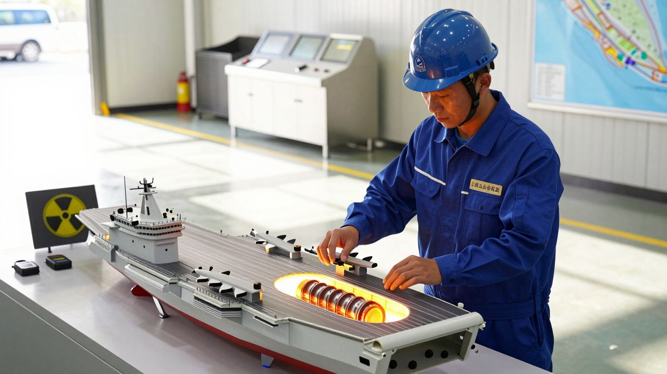 Homem de capacete azul trabalha em maqueta de navio com reator nuclear num ambiente industrial.