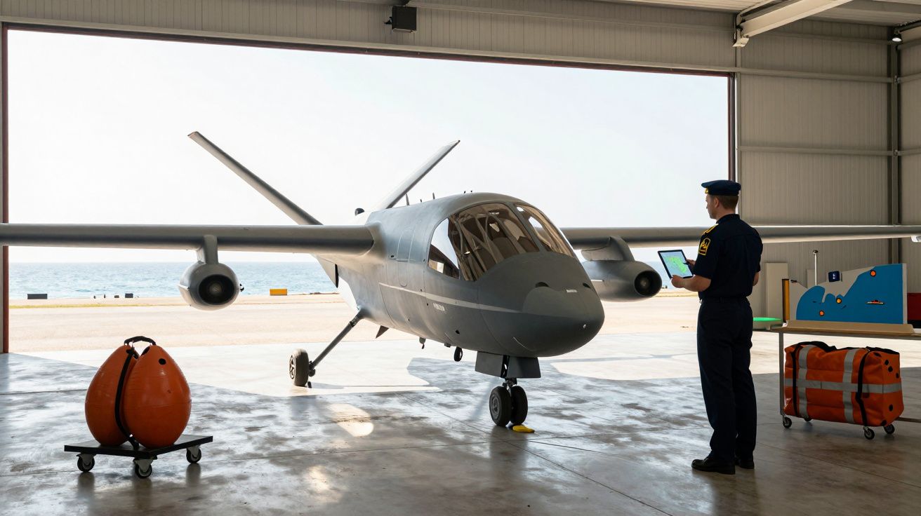 Homem com tablet ao lado de um avião em hangar, com vista para o mar ao fundo.