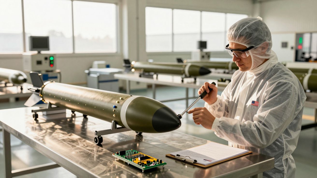 Técnico em laboratório monta dispositivo militar, usando vestuário de proteção, num ambiente de fábrica iluminado.