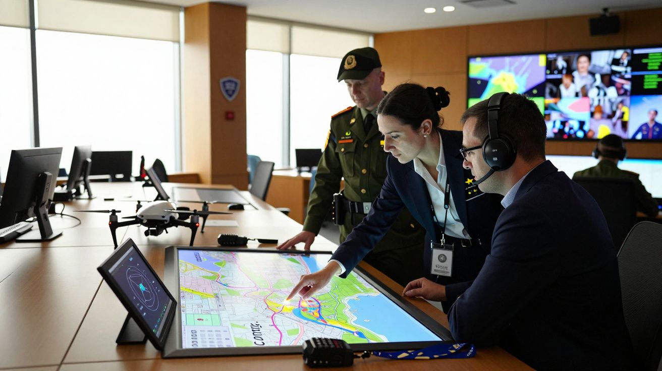 Três pessoas analisam um mapa digital numa sala de operações, com drones e ecrãs no fundo.