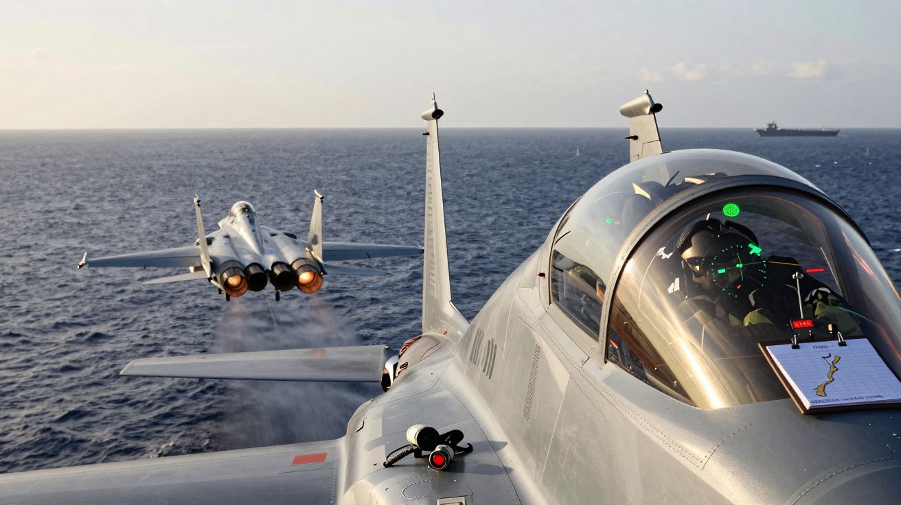 Dois caças a jato sobrevoando o oceano, com porta-aviões ao fundo e piloto visível na cabine do avião em primeiro plano.