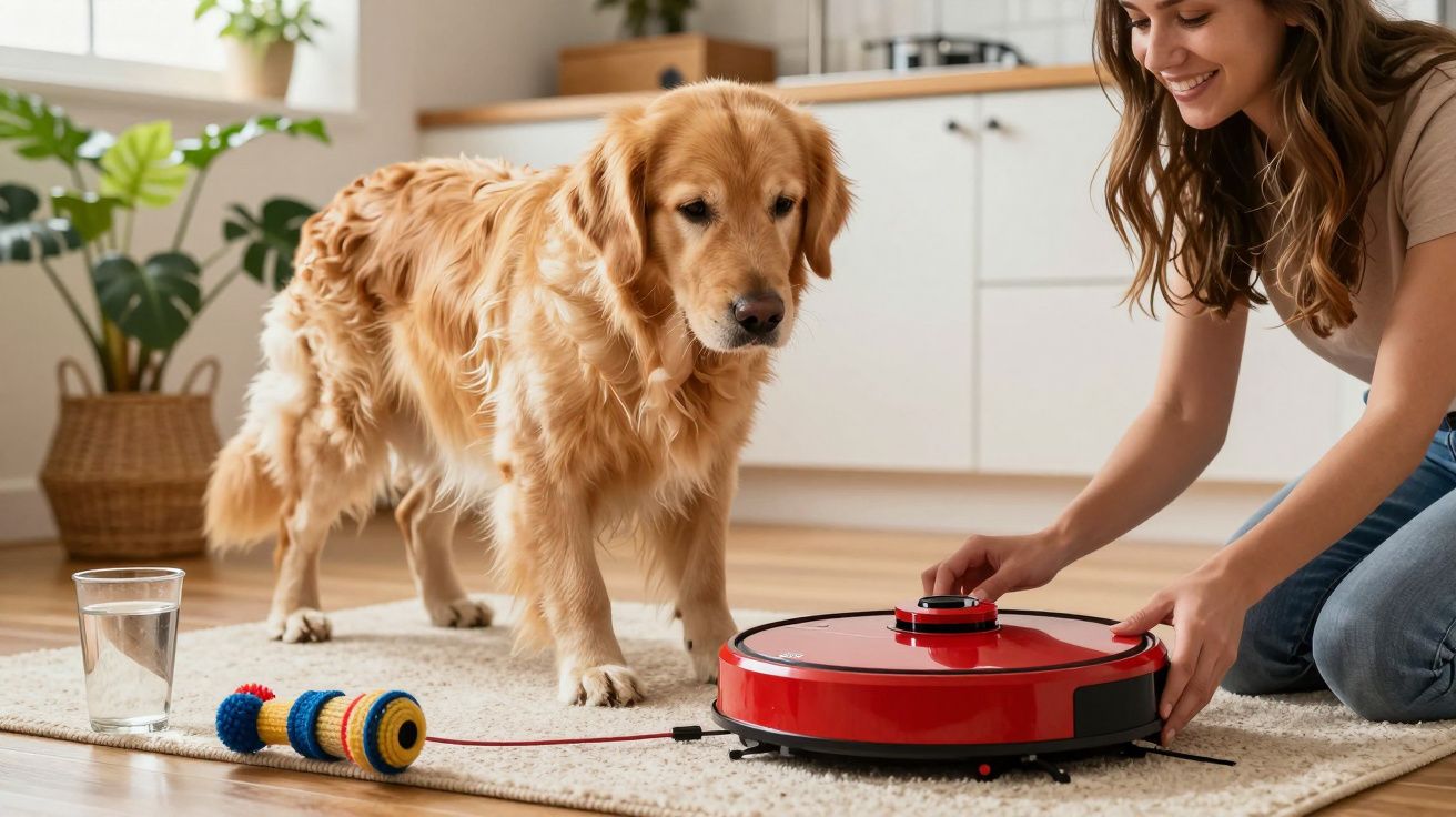 Mulher a colocar um aspirador robô vermelho no tapete, com um cão curioso ao lado, num ambiente de sala acolhedor.