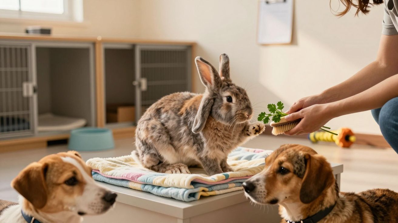 Coelho em cima de uma mesa com cobertor, dois cães ao lado, enquanto uma pessoa oferece folhas verdes ao coelho.