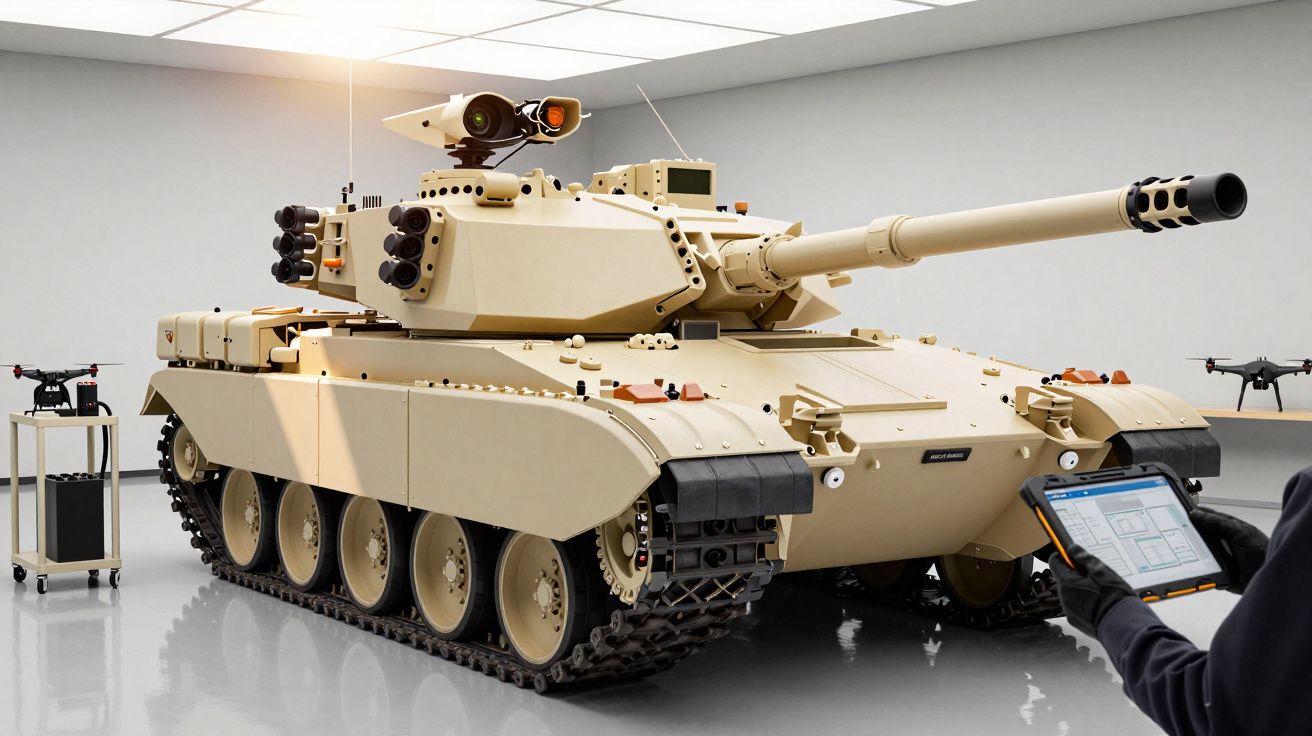 Modelo de tanque castanho claro num espaço moderno, controlado por uma pessoa com um tablet, rodeado por drones.