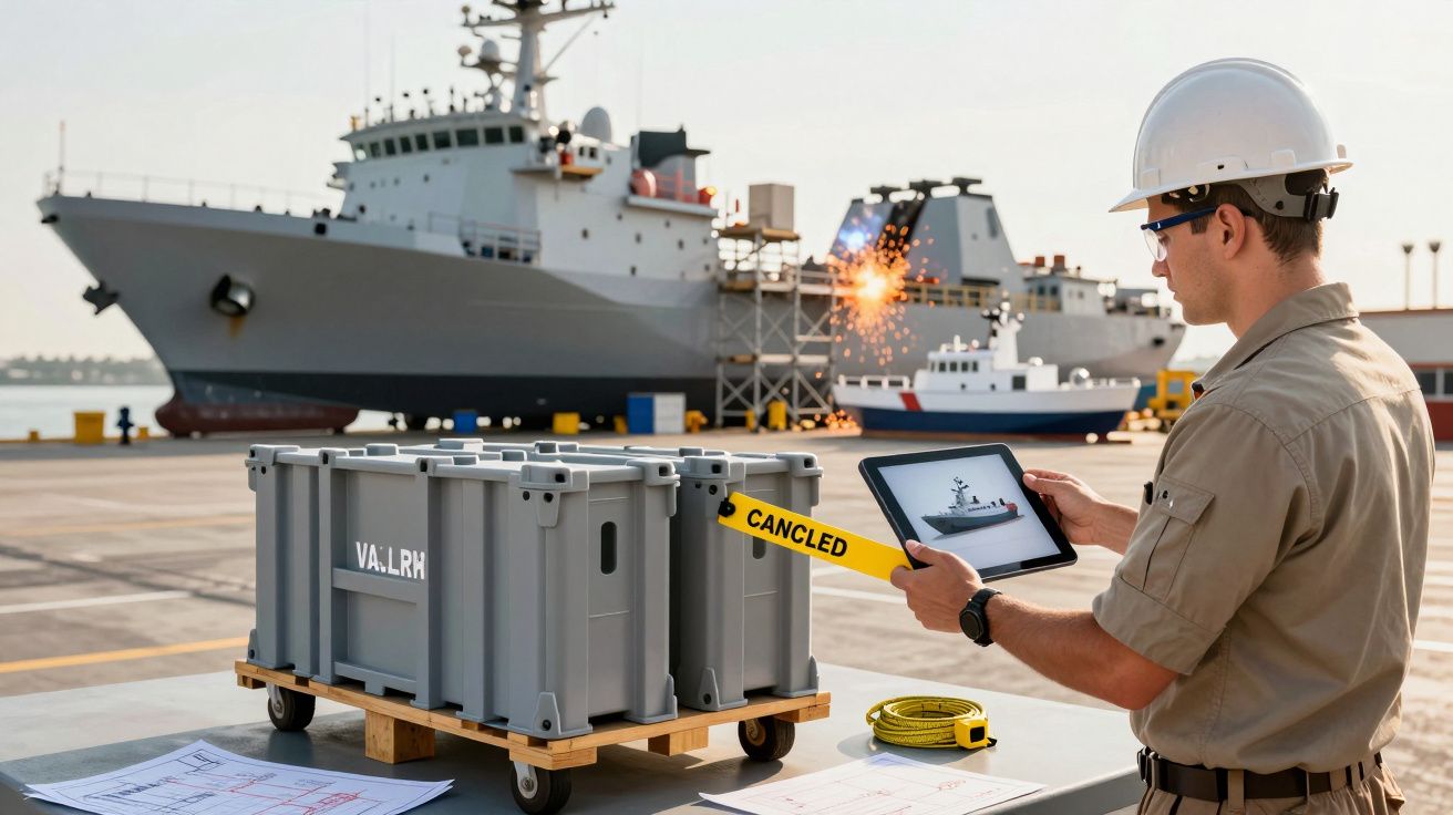 Homem de capacete inspeciona tablet em porto, próximo a navio e contentores com etiqueta "Canceled".