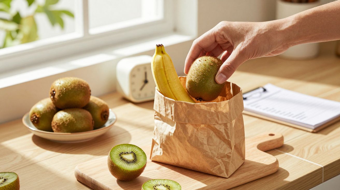 Mão colocando kiwi e banana num saco de papel numa cozinha iluminada, com relógio e bloco de notas ao fundo.