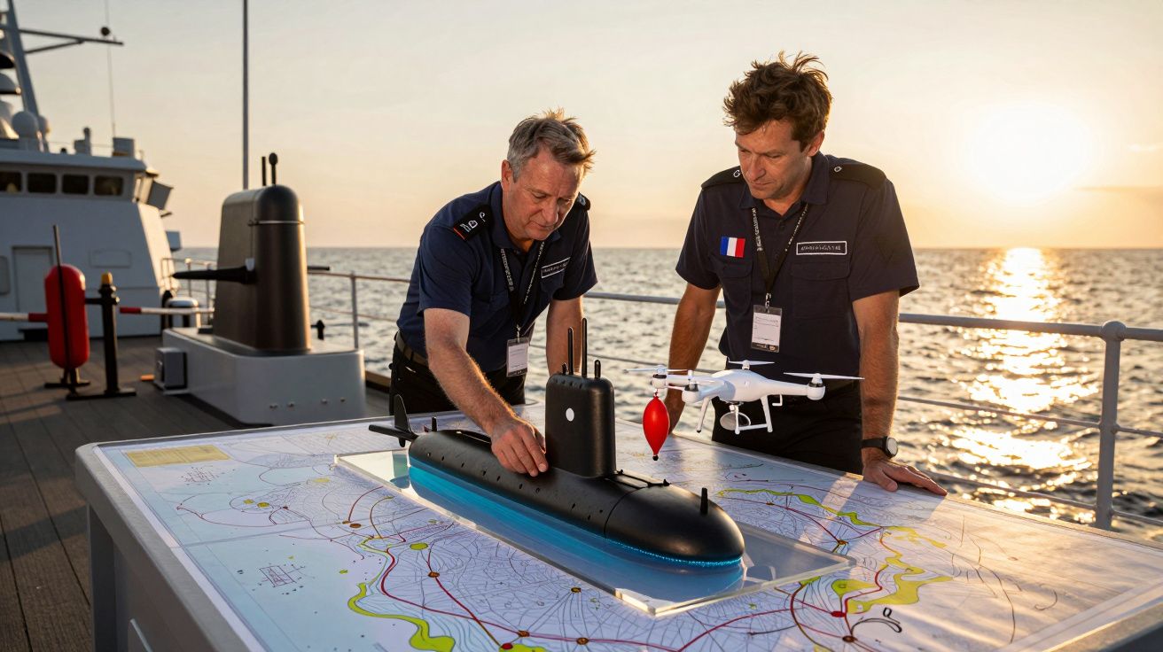 Dois homens em uniforme naval analisam um mapa com modelos de submarino e drone num navio ao pôr do sol.