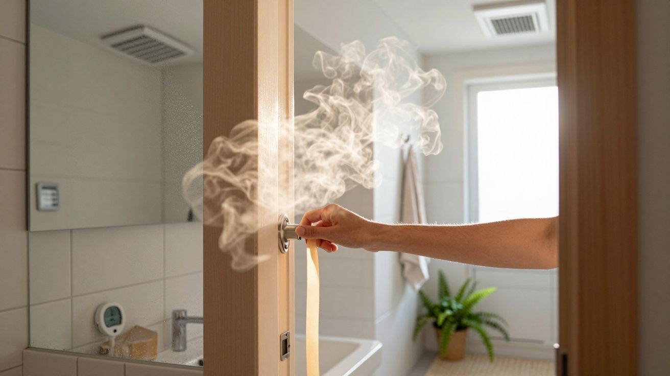 Mão a abrir porta de casa de banho com vapor no ar, planta e janela ao fundo.