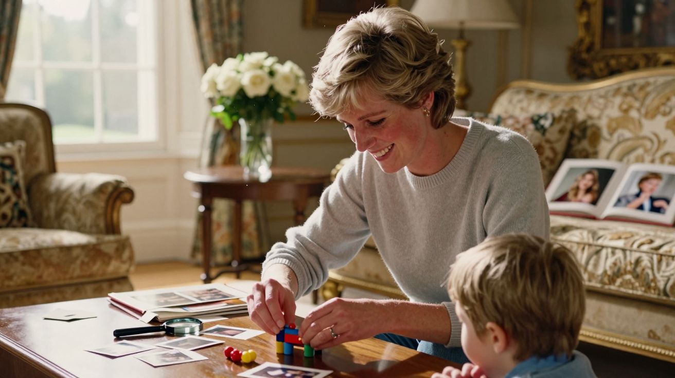 Mulher sorridente brinca com criança, montando um cubo multicolorido sobre a mesa em sala de estar elegante.