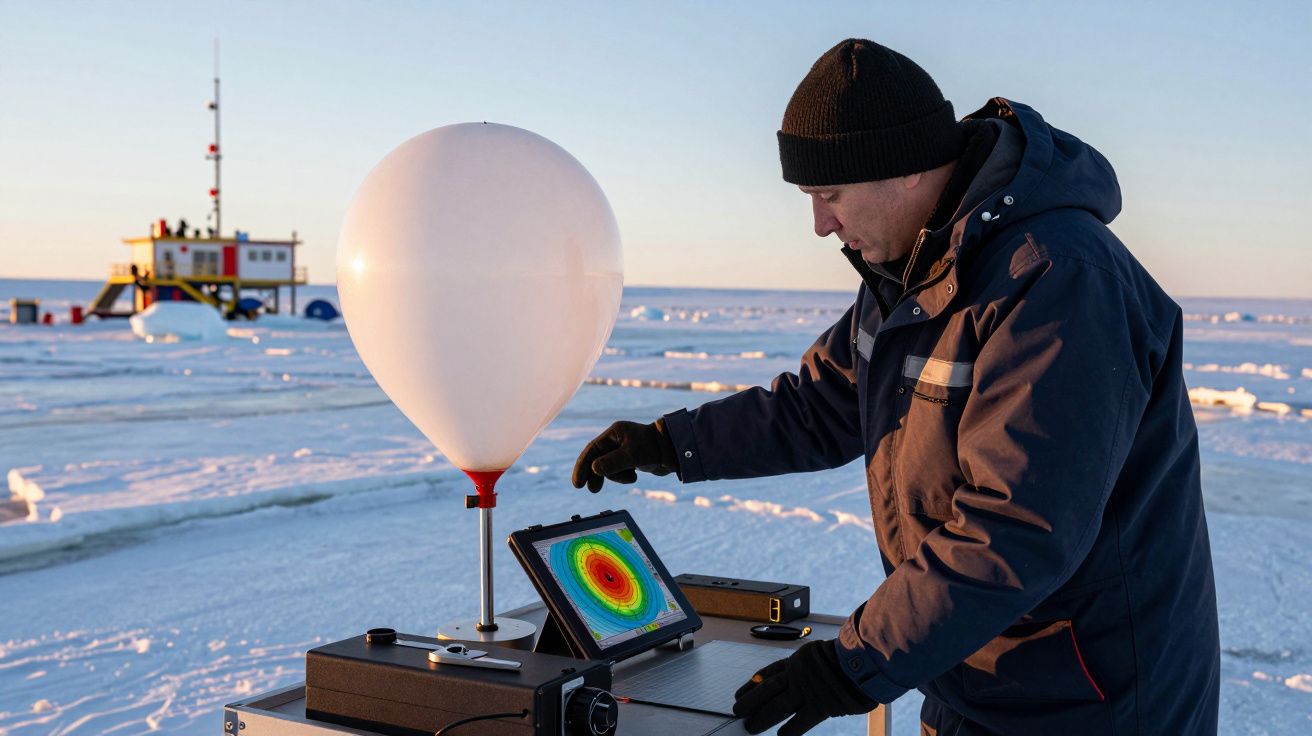 Cientista controla equipamento meteorológico e balão branco no Ártico, com paisagem de neve e estação ao fundo.