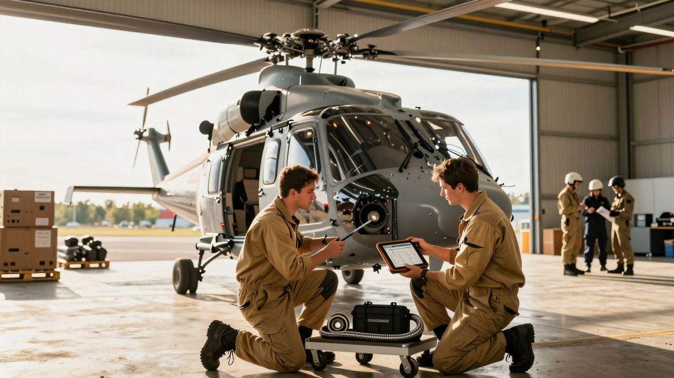 Dois técnicos a realizar manutenção num helicóptero cinza num hangar iluminado, usando tablets para consulta.