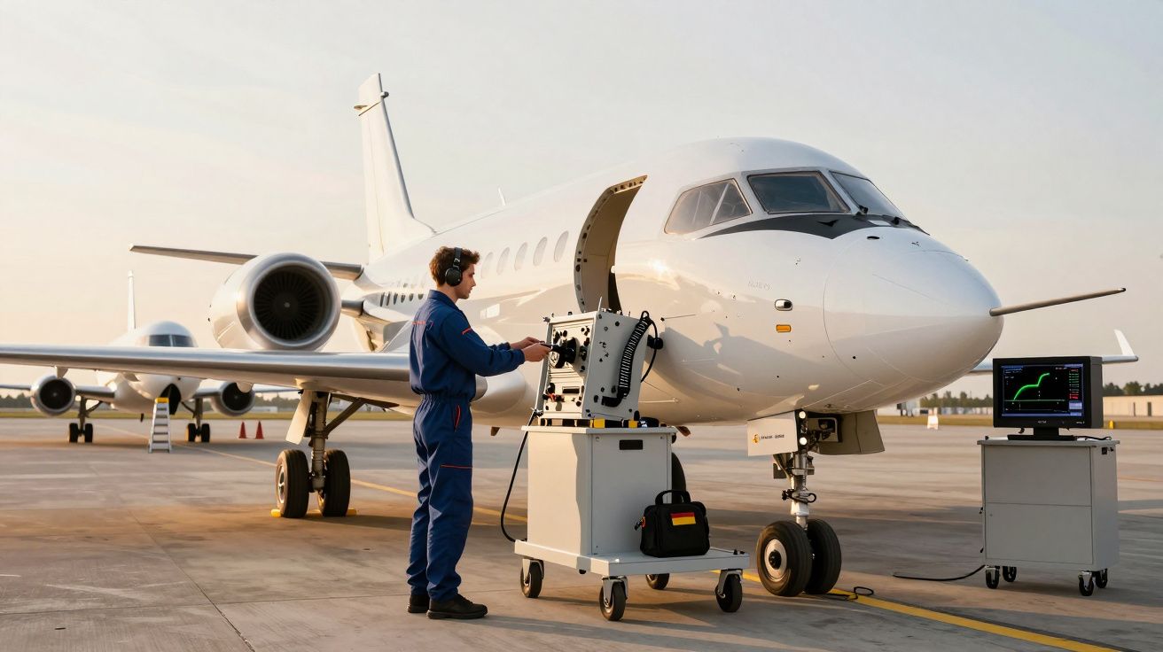 Técnico de manutenção inspeciona motor de avião a jato no aeroporto. Equipamento ligado a monitor ao lado.