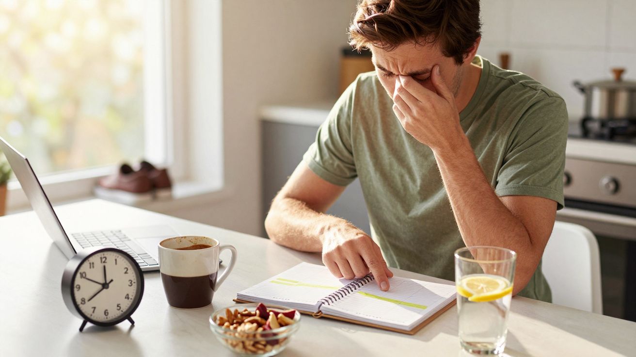 Homem cansado esfrega os olhos enquanto estuda à mesa, com computador, chávena de café, água e relógio.