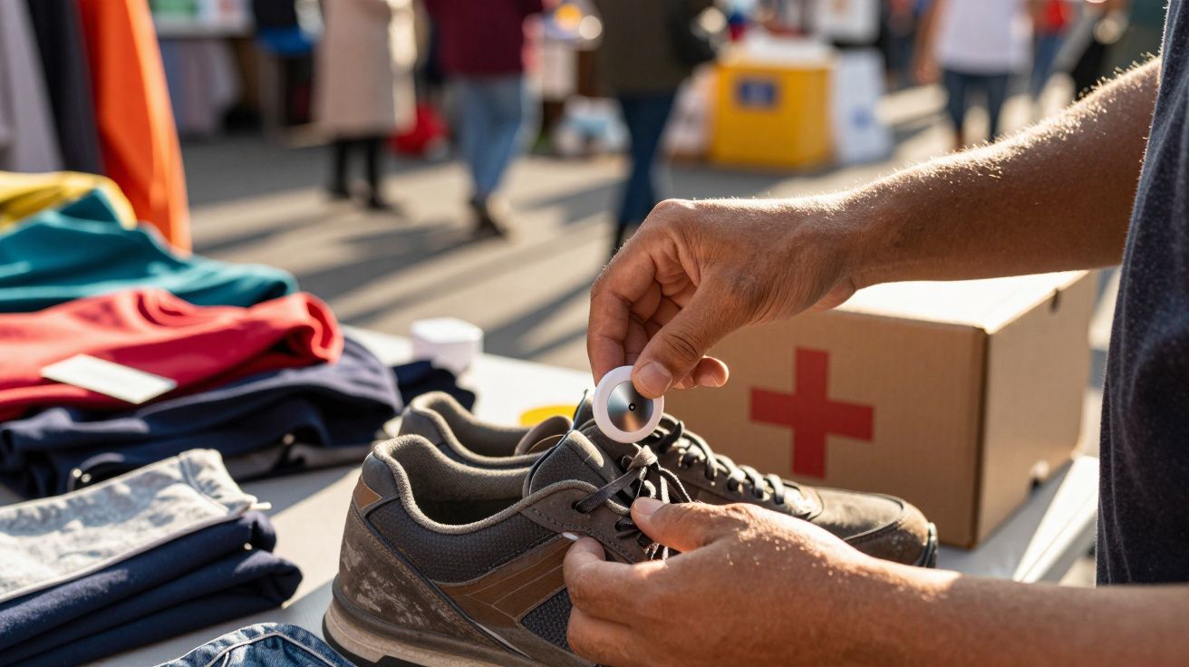 Homem coloca dispositivo de rastreamento em sapato cinza sobre mesa em mercado ao ar livre.