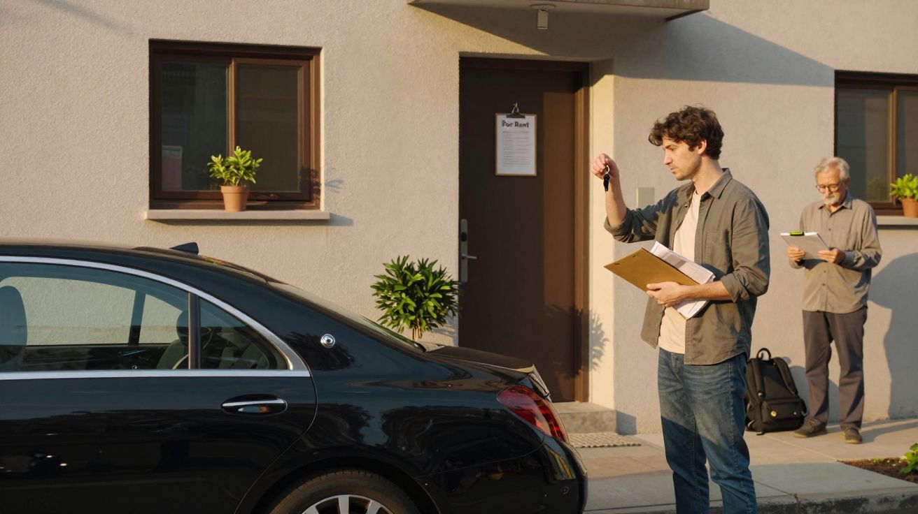 Homem segura chaves e papéis em frente a um carro preto estacionado, enquanto outra pessoa está ao fundo com uma mochila.
