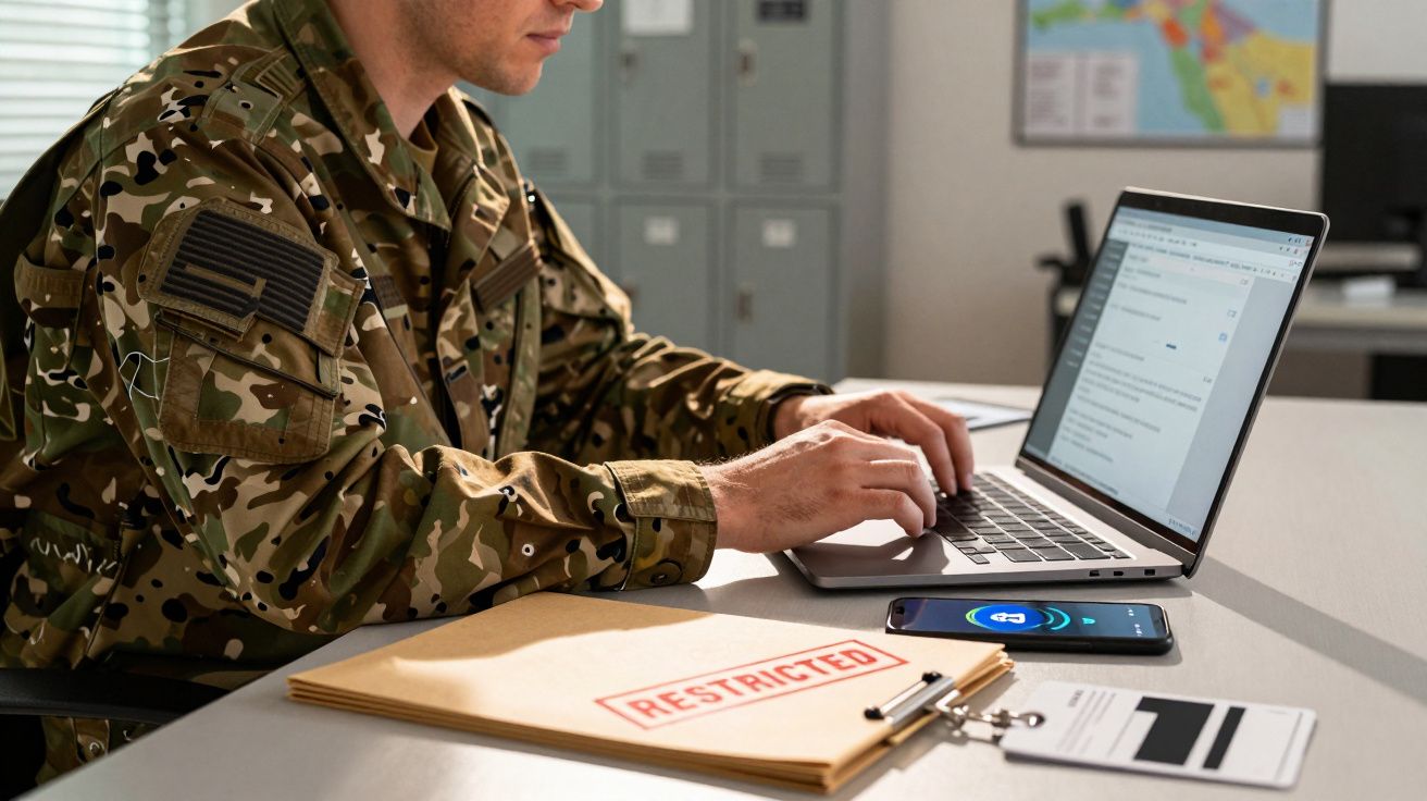 Militar de uniforme camuflado usa portátil numa secretária com documentos marcados "RESTRITO".
