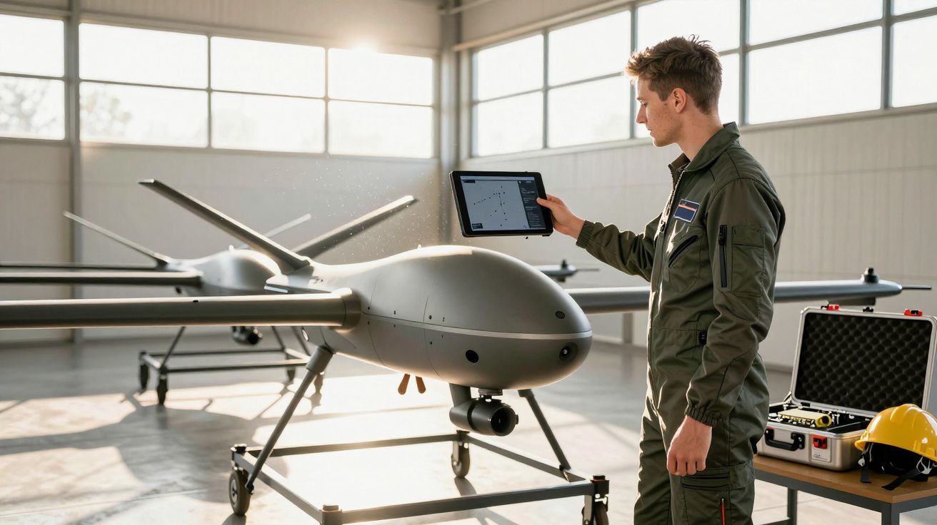 Piloto em uniforme opera drone com tablet em hangar iluminado, caixa e capacete ao lado.