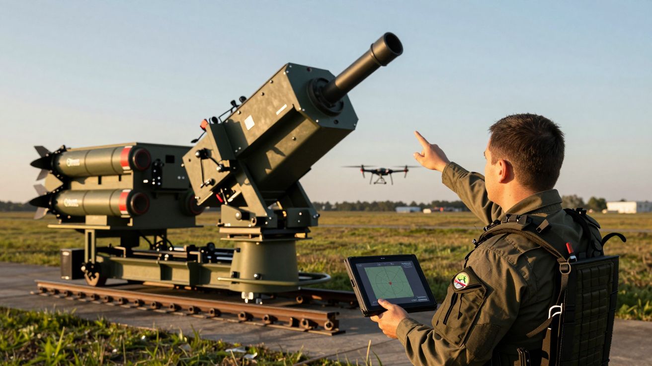 Homem controla arma antiaérea com tablet em campo aberto, apontando para drone no céu.