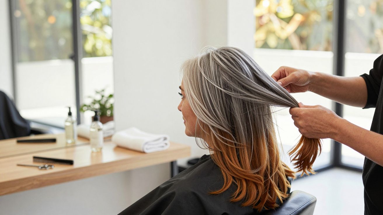 Cabeleireiro penteia cabelo ombré castanho e grisalho de mulher, num salão iluminado com janelas grandes.