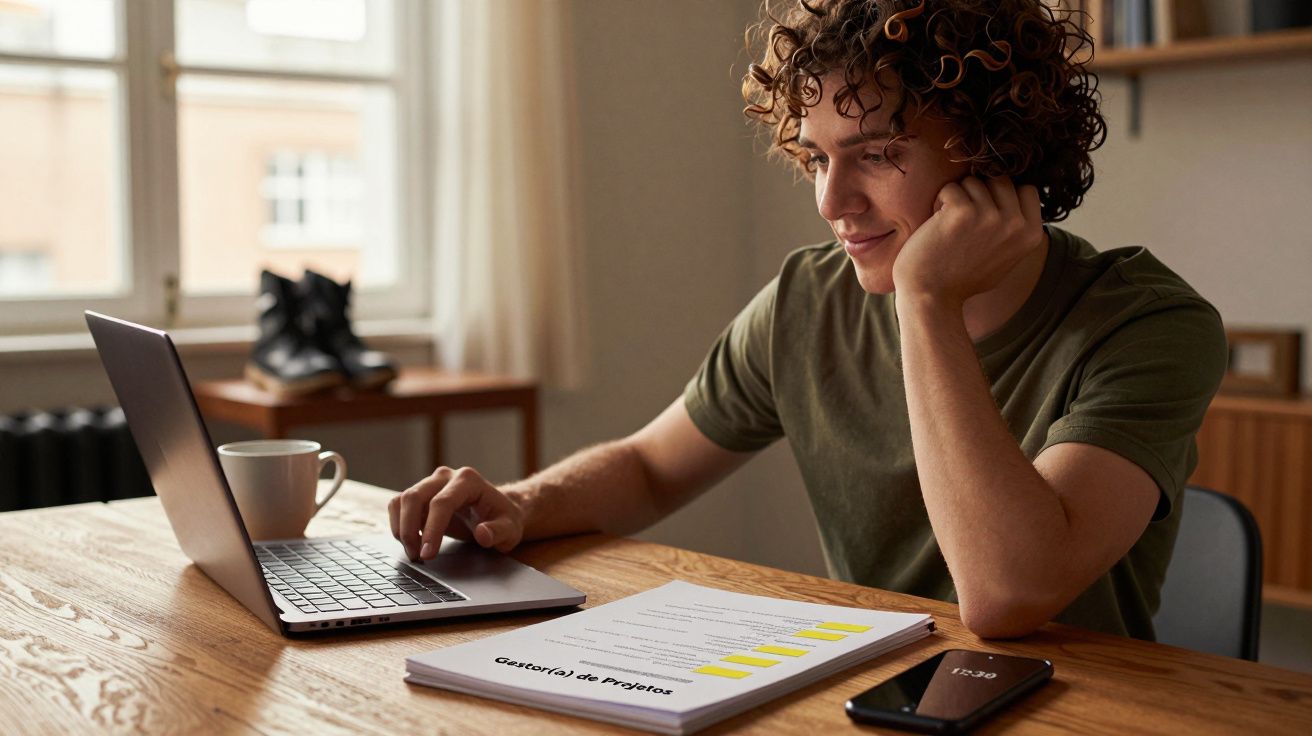 Pessoa trabalha no portátil, com chávena e pasta de projetos em mesa de madeira perto de janela.
