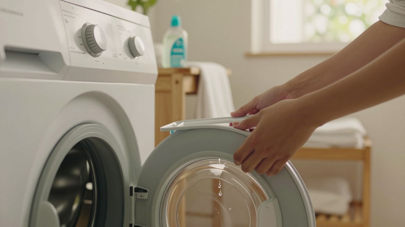 Pessoa a fechar a porta de uma máquina de lavar roupa com prateleira ao fundo.
