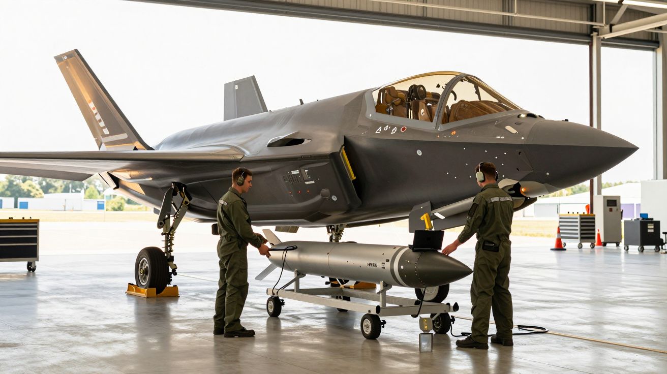 Dois mecânicos inspecionam um caça a jato num hangar, com foco numa arma em suporte móvel.