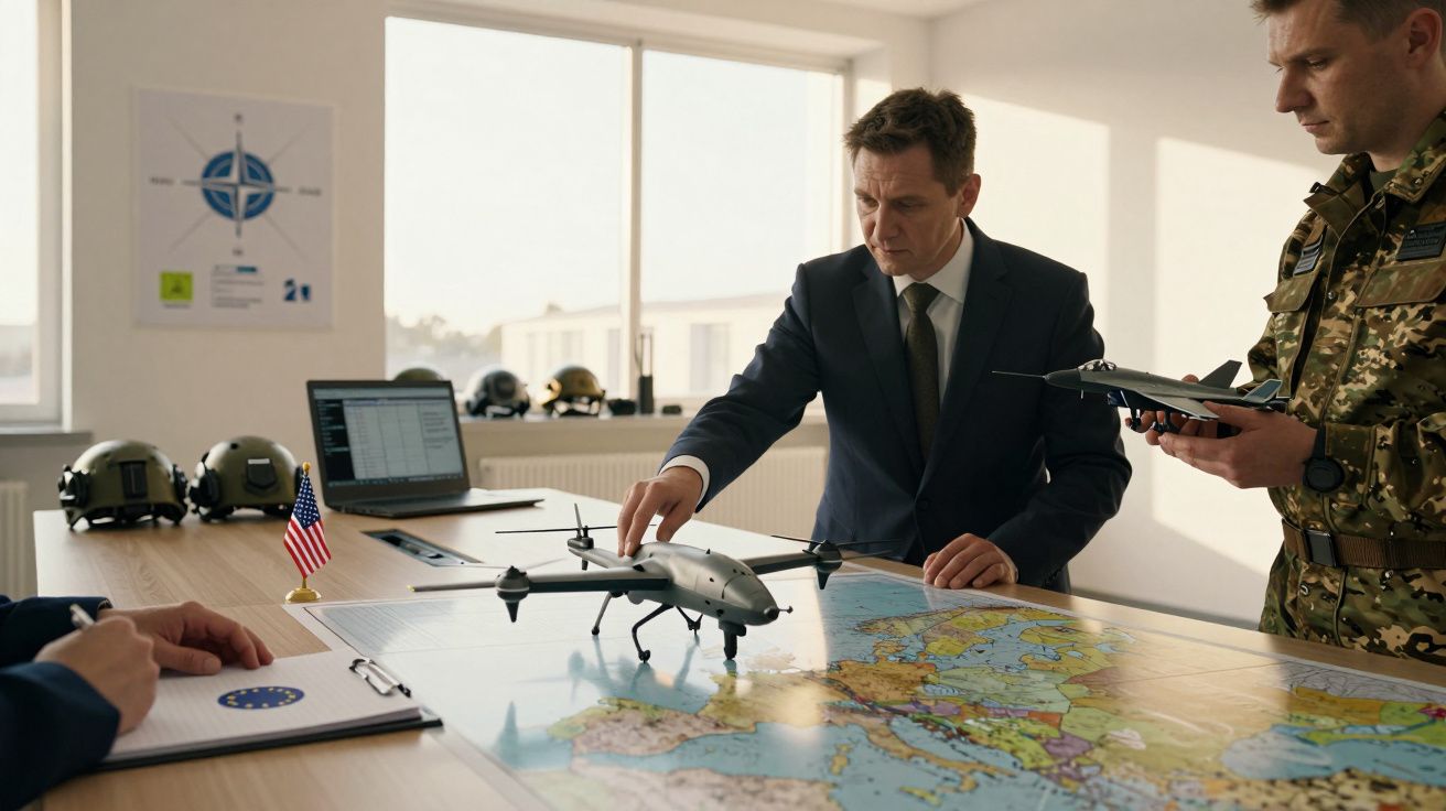 Homens analisam um mapa com miniatura de drone em cima de mesa. Há capacetes, bandeiras e computador no fundo.