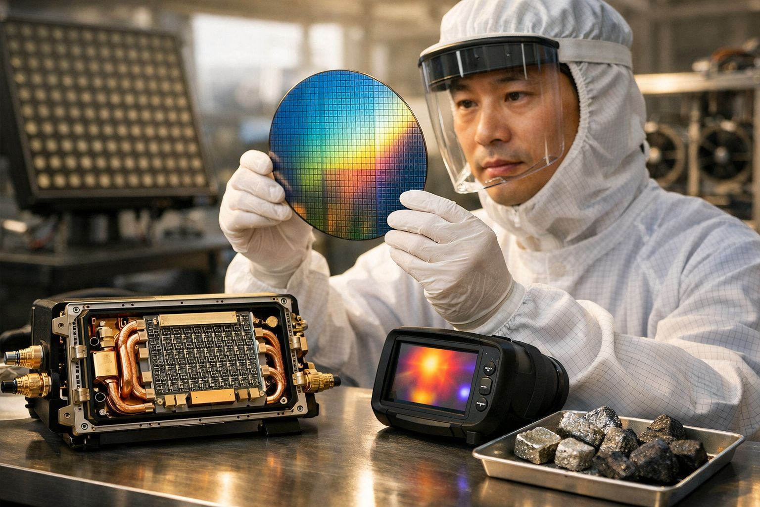 Cientista em laboratório manuseia uma pastilha de silício com pinça, perto de microscópio e monitor de computador.