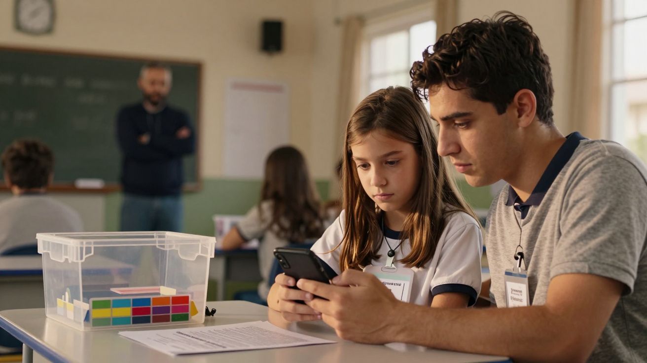 Homem e menina em sala de aula, atentos ao ecrã de um telemóvel, com materiais escolares sobre a mesa.