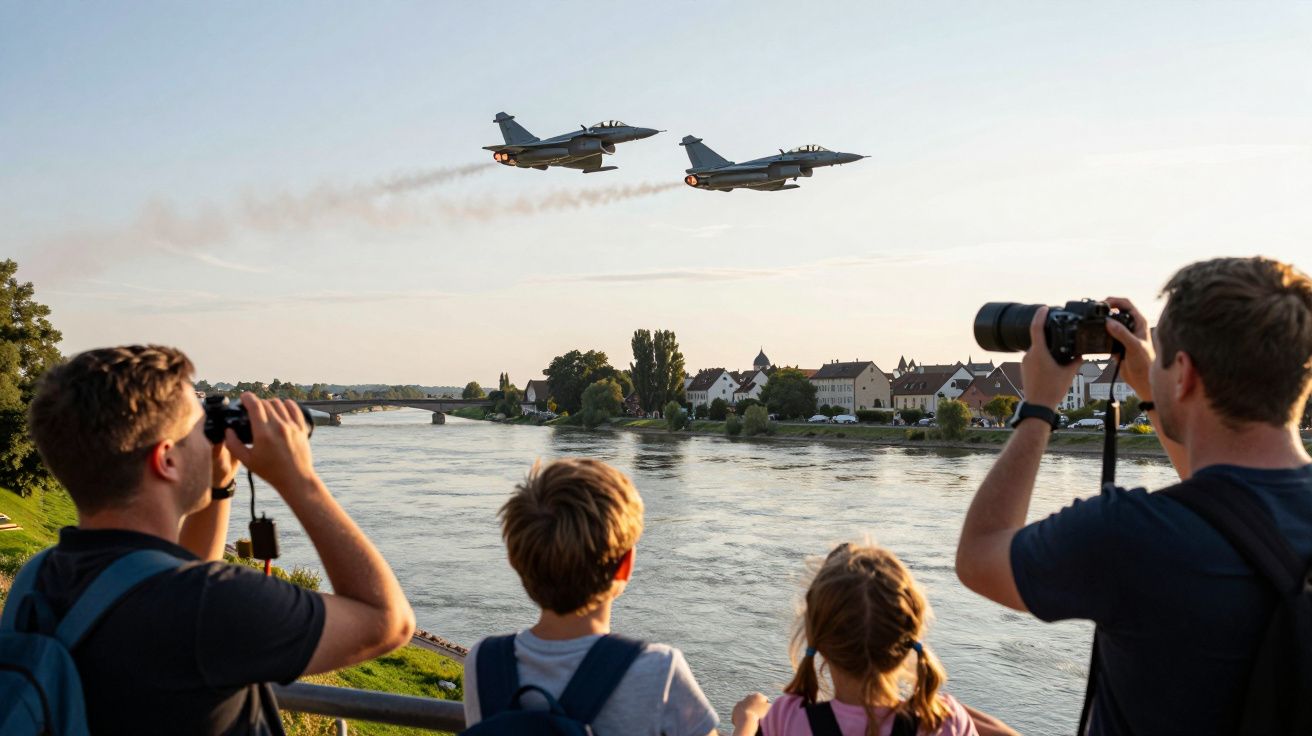 Pessoas observam dois aviões de combate a voar sobre um rio, com casas ao fundo, ao entardecer.