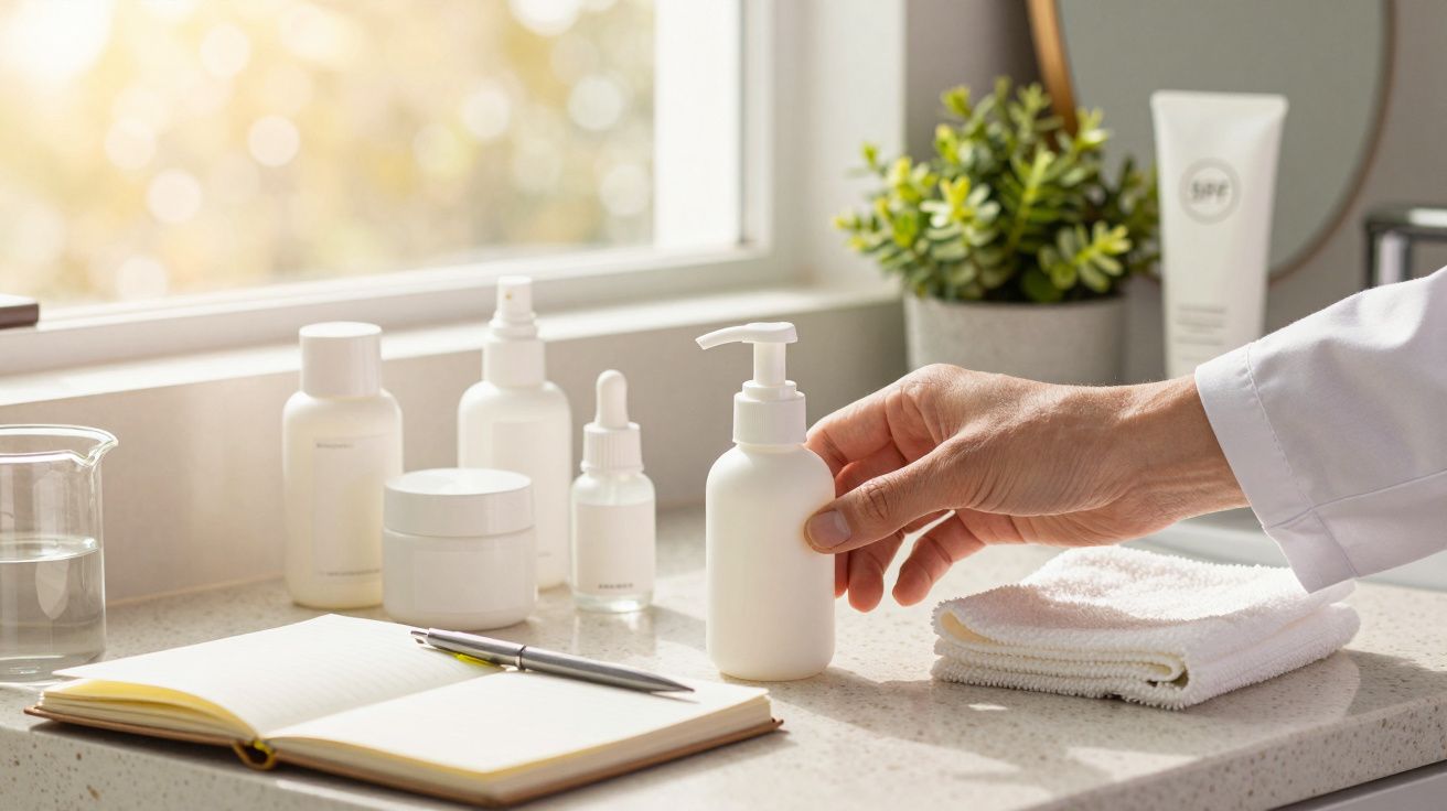 Mão segurando frasco de creme em bancada de casa de banho, com frascos, caderno e toalha branca ao lado.