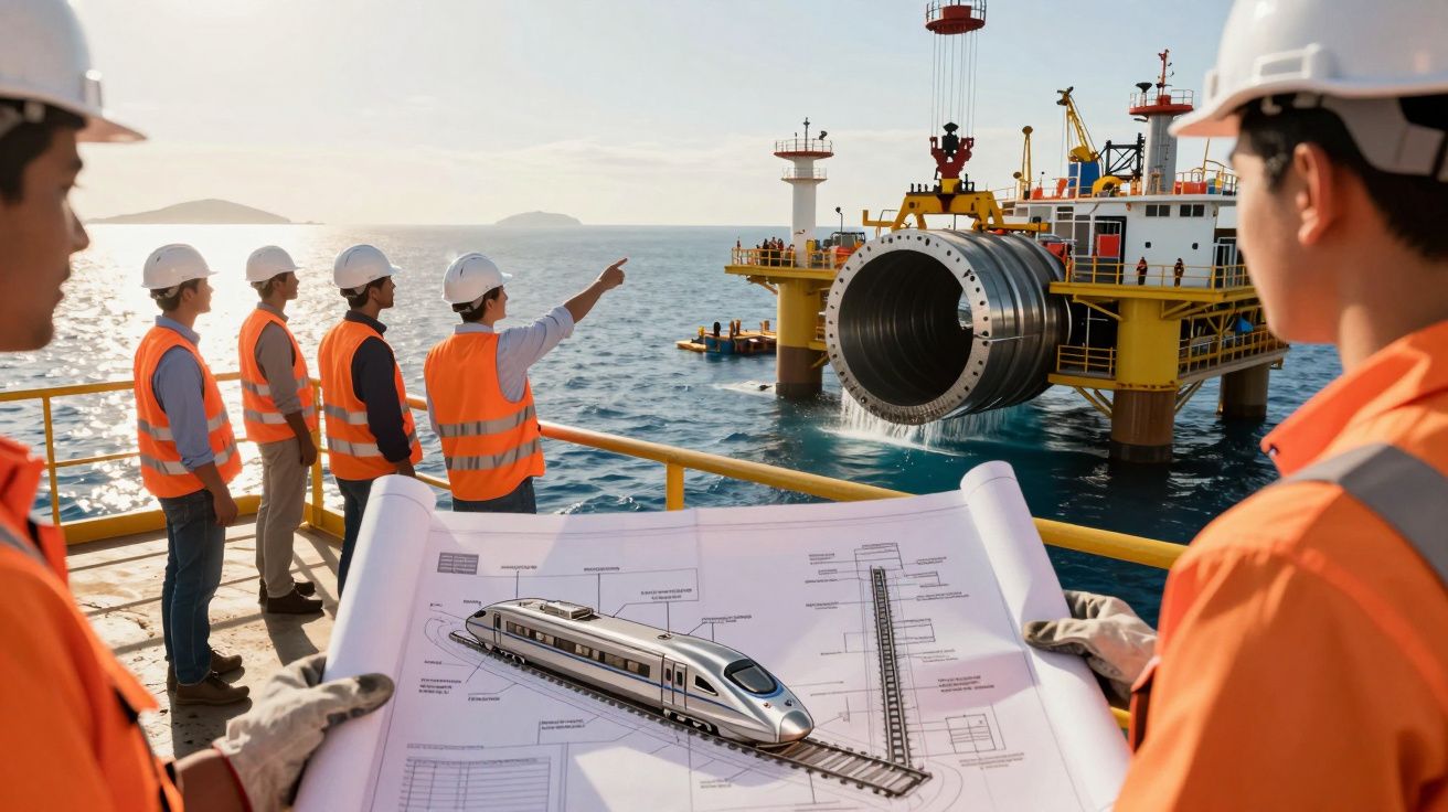 Engenheiros com planos de um comboio observam instalação de tubo gigante no mar a partir de uma plataforma.