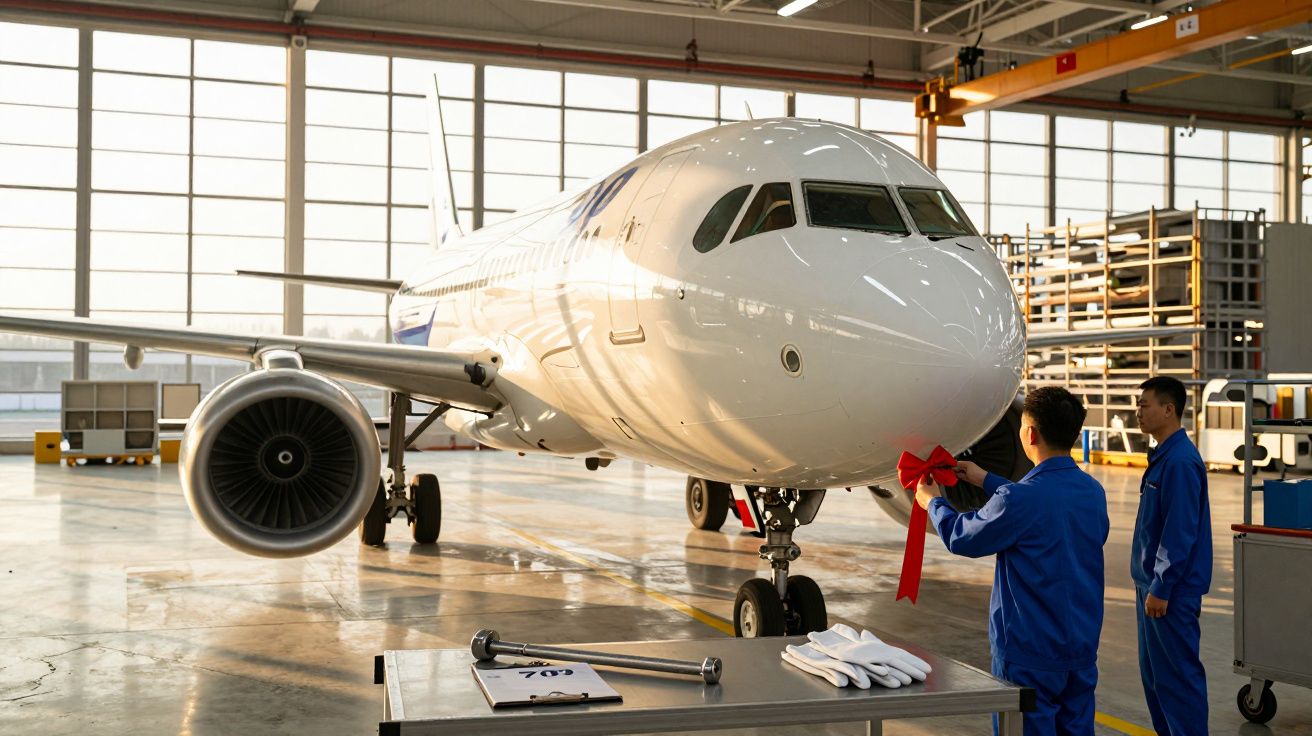 Avião branco na hangar, com dois técnicos em fato azul colocando um laço vermelho na parte dianteira.