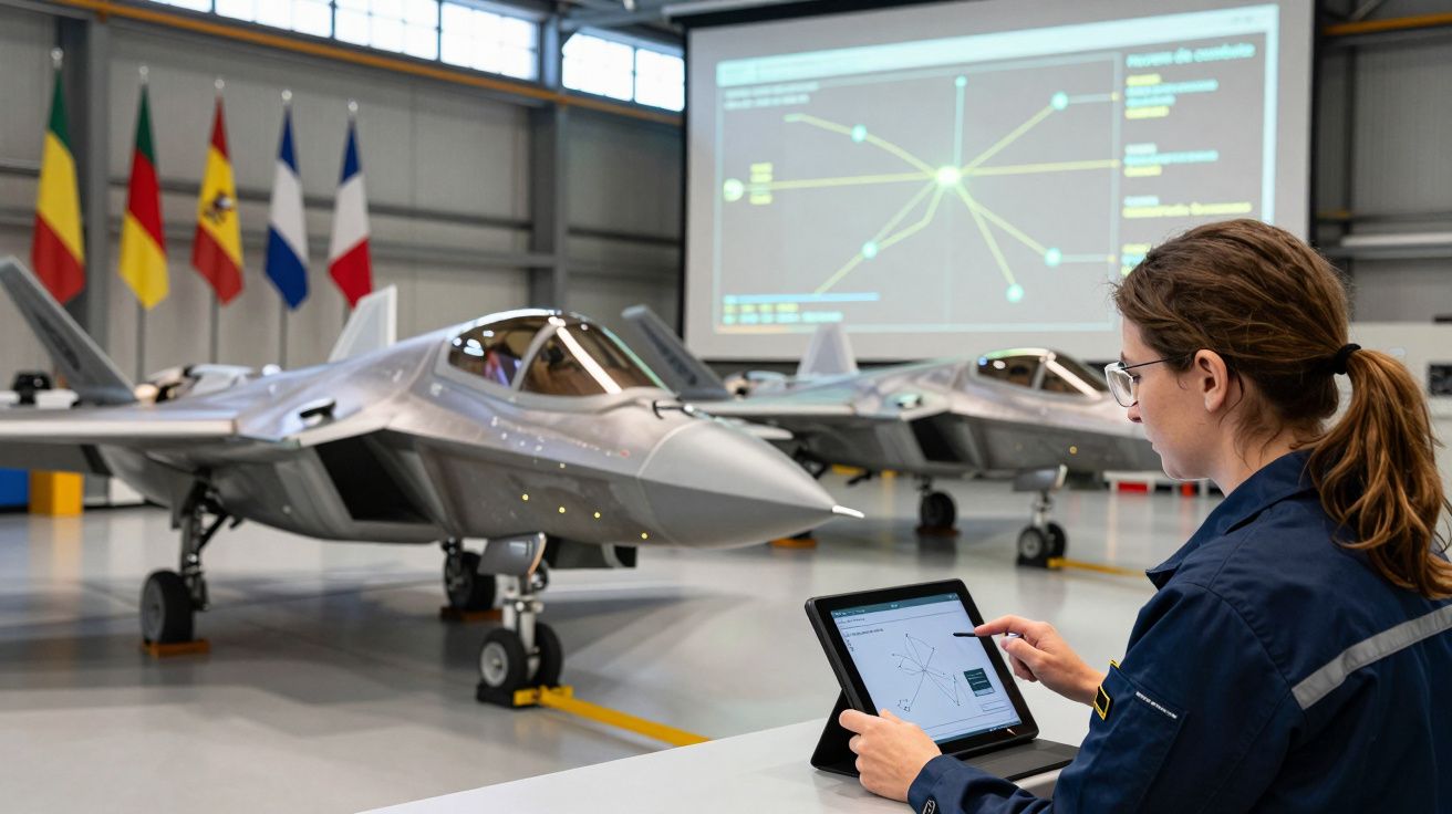 Pessoa usando tablet num hangar com aviões de combate e bandeiras no fundo.