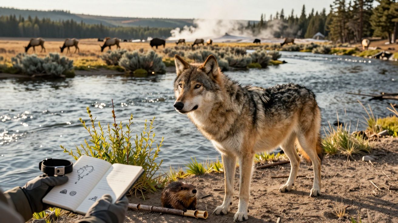 Lobo em pé perto de um rio, rodeado por vegetação. Ao fundo, há bisontes e árvores. Pessoa desenha o cenário no caderno.