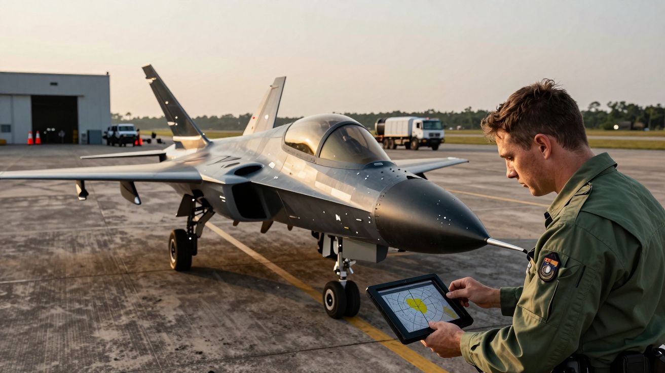 Piloto consulta tablet em frente a um caça cinza estacionado na pista de uma base aérea.