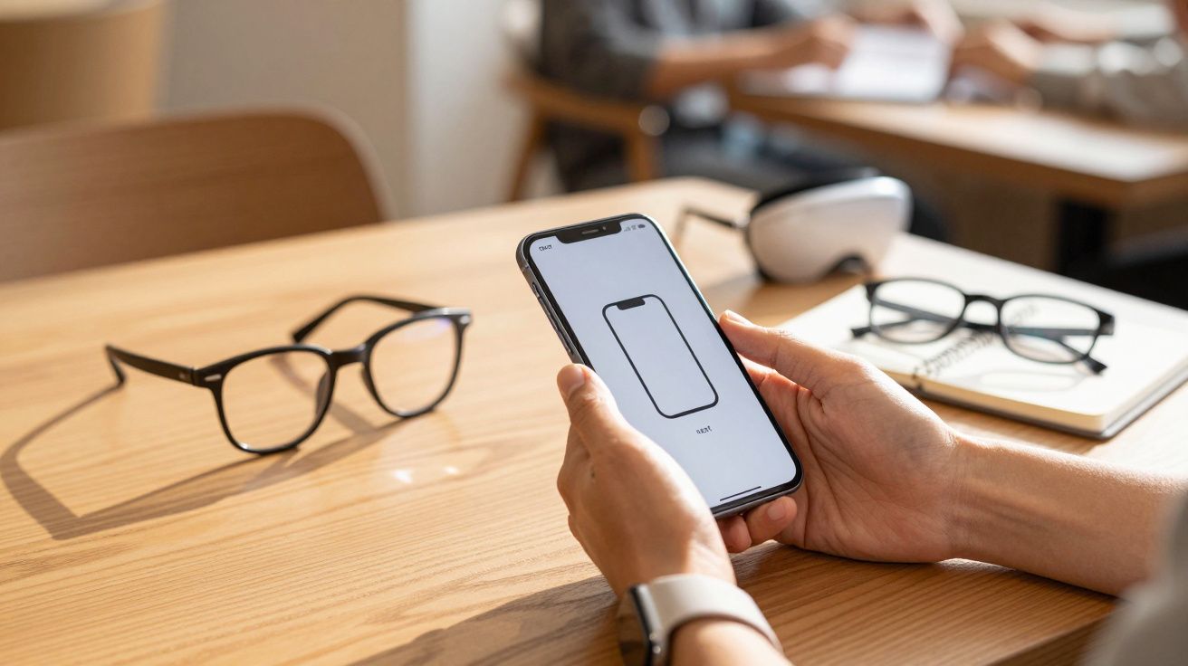 Pessoa segurando um smartphone com desenho de simulador, óculos e caderno na mesa de madeira ao fundo.